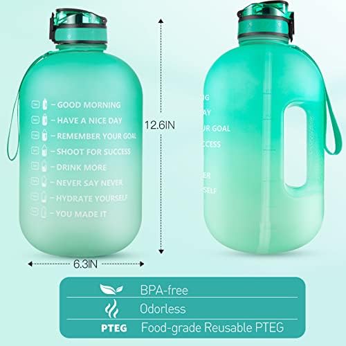 Hommie 3.8 Litre Gallon Water Bottle with Time Markings&Straw, Leakproof 100% BPA Free Large Water Bottle with Wide Mouth for Ice Cubes, Big Water Bottle for Sports, Gym, Office, Green