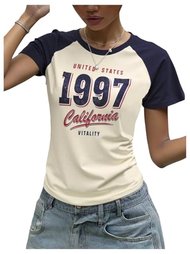 Girl's Color Block Graphic Tees Short Sleeve Crew Neck Fitted T Shirts Preppy Summer Clothes