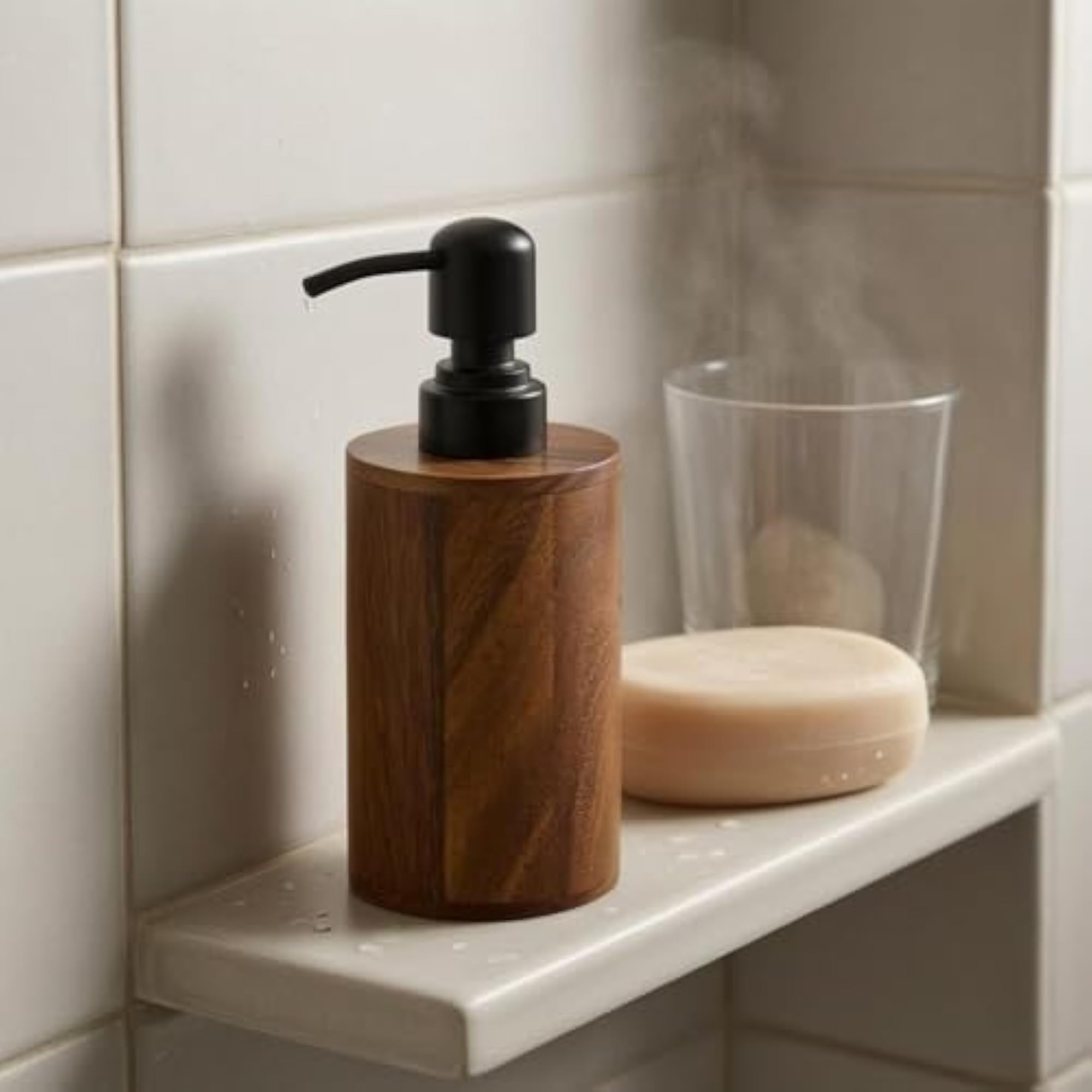 Round Lotion Dispenser Bottle, Natural Wood Look