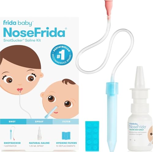 Image of Frida Baby Saline Kit, Cold & Flu 12 pc Set Includes NoseFrida Nasal Aspirator for Baby, Nose Sucker, Saline Nasal Spray with 10 Extra Hygiene Filters, Nasal Spray Decongestant, 0.68 fl oz