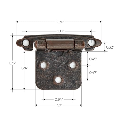 Image of Ravinte 20 Pack (10 Pairs) 1 /2 inch Overlay Cabinet Hinges, Self-Closing Semi-Concealed Face Mount, Antique Copper Decorative Hardware with Door Bumpers for Kitchen & Cupboard Doors