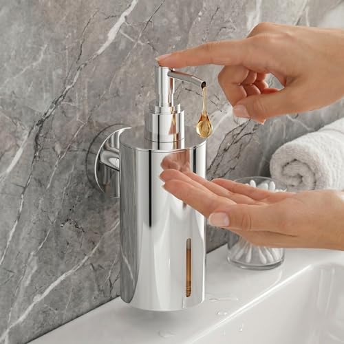 Image of Premium Wall Mounted Liquid Soap Dispenser - 304 Stainless Steel Holder with Frosted Glass Bottle | Rust-Proof Hand Wash Pump for Bathroom, Kitchen, & Wash Basin (Round 10CH)