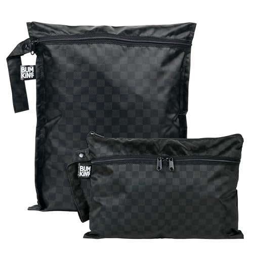 Bumkins - Waterproof Wet Bag & Wet/Dry Clutch Bags - For Beach, Baby, Travel, Swim Suit, Cloth Diapers, Pump Parts, Pool, Gym, Toiletries - Reusable & Easy to Clean - Black Check - 2 Pack