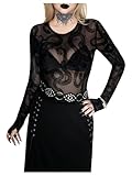 BEAUDRM Women's Gothic Snake Graphic Shirt Sexy Sheer Mesh Crew Neck Long Sleeve Fitted Fall Tops Black Small