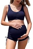 SHEKINI Umstandsbikini für Damen mit Sportoberteil und Verstellbaren Shorts（M，Dunkelblau）