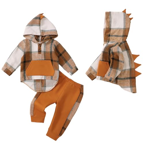 Image of KIMI BEAR Infant Baby Boys Clothes Toddler Boy Outfits Flannel Shirt Tops Plaid Dinosaur Hoodie Pants Fall Winter Outfits