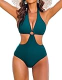 AI'MAGE Womens Bathing Suits One Piece Tummy Control Swimsuit Halter Modest High Cut Cross Criss Slimming Swimwear,Large Blue