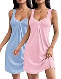 Ekouaer 2er Damen Nachthemden Ärmellos Chemise Nachtwäsche Sexy Full Slips Spitze Negligee V Ausschnitt Sleepshirt Jersey Dessous Blau+Rosa L