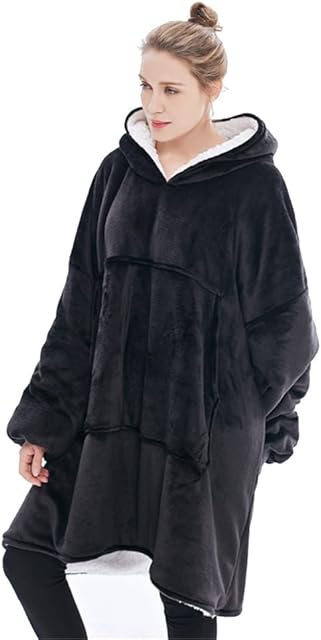 Sherpa Fluffle Blanket Sweatshirt,Super Soft Warm Comfortable Plush Blanket Hoodie Winter Reversible Hooded Robe Pullover with Large Front Pocket for Boys Girls,One Size Fits All 110*95cm (Black)