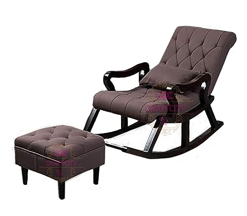 Image of CRAFTCITY Sheesham Wood Elegant Chair with Pillow and Matching Foot Stool /Living Room Chair /Rose Wood Rocking Chair,Pre-Assembled (Brown, Rocking Chair with Ottoman)