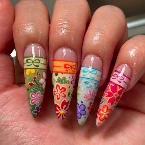 Long Stiletto Press on Nails Colorful Flower Fake Nails with Design French Tip Full Cover False Nails Acrylic Artificial Glue on Nails for Women 24 Pcs Nail Supplies — view 2