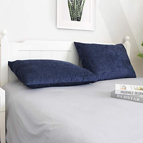 Calitime Cozy Standard Pillow Shams Cases For Bed Bedding Decoration Solid Dyed Soft Chenille 20 X 26 Inch Pack Of 2 Navy Blue #TOP2