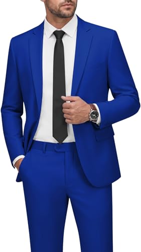 WEEN CHARM Men Suit Slim Fit 2 Piece Wedding Tuxedo Notch Lapel Prom Party Solid Dress Blazer Pants Suit Set Royal Blue