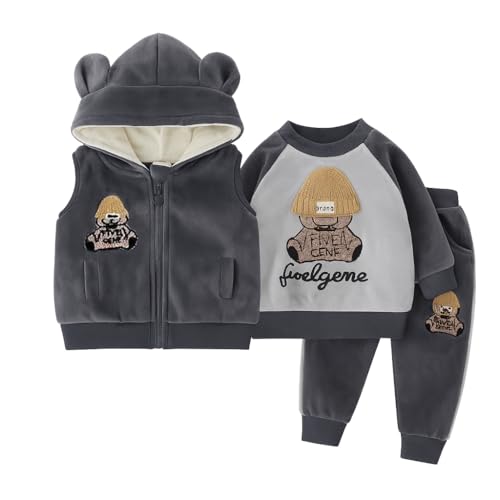Image of Bold N Elegant Cotton Blend Cute Cartoon Bear Graphics Winter Warm Sweatshirt Hood Jacket And Jogger Pant 3 Pc Layering Clothing Set For Infant Toddler Kids