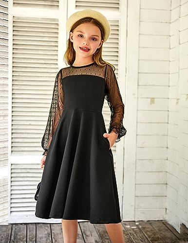 Arshiner Girl's Contrast Mesh Puff Long Sleeve High Waist A Line Short Dress with Pockets for 6-13 Years4