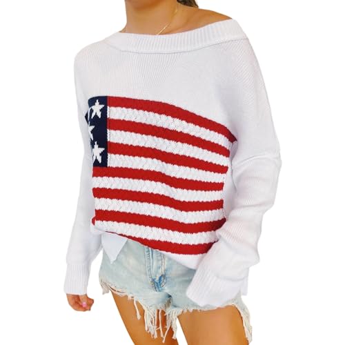 Women Vintage Loose Casual Sweater Long Sleeve Crew Neck USA Flag Print Knit Pullover Knitwear Fall Streetwear2