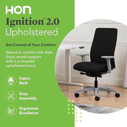 Image of HON Ignition 2.0 Ergonomic Office Chair with Adjustable Arms, Advanced Synchro‑Tilt Recline, Upholstered Desk and Computer Chair for Home Office or Workstation, Titanium Frame, Black