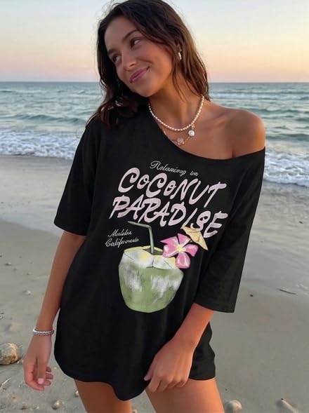 Image of SXV STYLE Women's Casual Letter Print Asymmetric Neck Loose Short Sleeve T-Shirt,