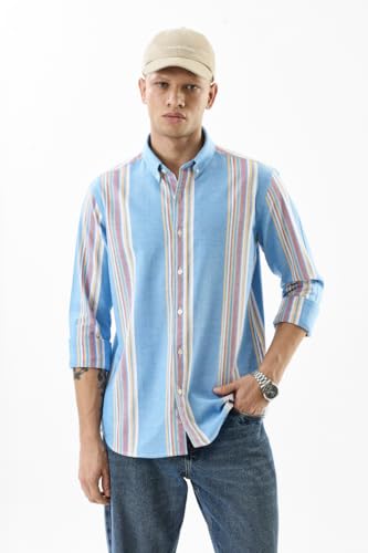 Image of SNITCH Men's Casual Shirt | Slim Fit Full Sleeve Button-Down Collar Striped Design | 100% Cotton & Breathable Fabric for Everyday Wear & Semi-Formal Occasions