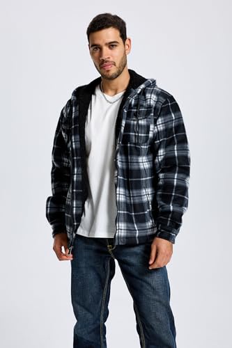 Image of TanBridge Men's Cotton Plaid Shirts Jacket Full Zip Fleece Flannel Sherpa Lined Hoodies Heavyweight Hoodies Jacket for Men
