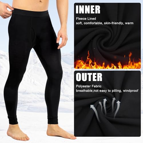 Fjquamitix Men's Thermal Underwear Long Johns, Winter Warm Fleece Lined Bottom Trouser, Thermal Leggings Base Layer Pants for Indoor Outdor (UK, Alpha, 3XL, Regular, Regular, Black) - Image 3