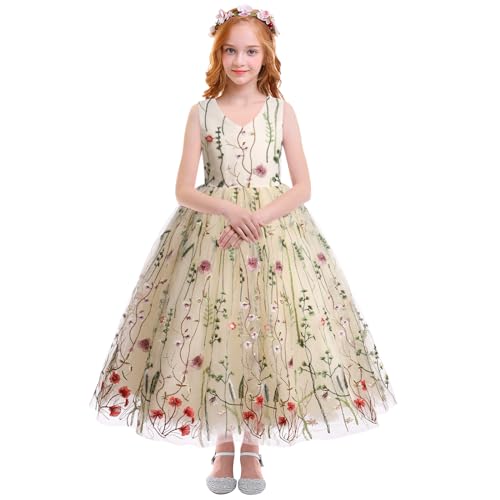 Floral Embroidered Tulle Dress Girls Sleeveless Birthday Wedding Pageant Party Formal Long Tutu Dresses