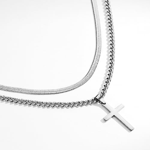ATROFY Layered Cross Necklace for Men Boys Stainless Steel Layered Snake Chain Cuban Link Chain 16-24 inch Christian Cross Pendant Religious Jewelry Gifts - Thumbnail 2