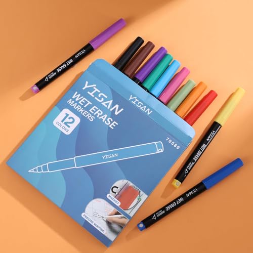 YISAN Wasserlöslich Whiteboard Marker Magnetische, 0.7mm Feucht Abwischbar Whiteboard Stifte Dünn,non-permanent Stifte mit ultrafeiner Spitze,12 Farben,70580