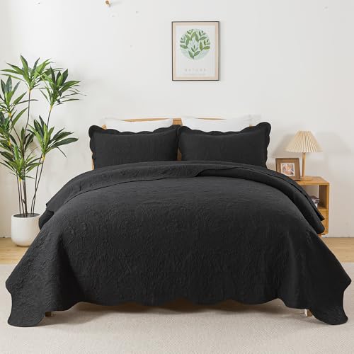 HoneiLife Quilt Sets King Size - Microfiber Bedspreads for King Bed, 3-Piece Lightweight Coverlets, Retro Bedlinen Sets, King Quilt Bedding Set All Season Use-Black
