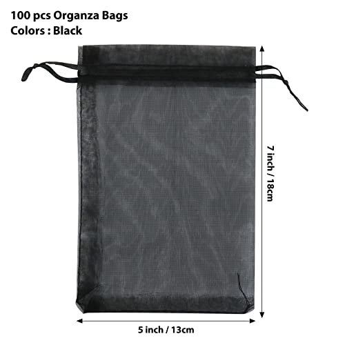 Image of ANZNKU 100 Pack Organza Bags 5 x 7 inch, Premium Black Favor Bags with Drawstring for Easter, Sheer Mesh Bag, Gift Bag Small Size, Mesh Pouches Drawstring Packaging Pouches for Wedding Party