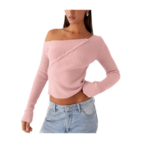 Image of Women Off Shoulder Long Sleeve Sweater Y2K Ribbed Knit Pullover Solid Crop Top Going Out Boat Neck Blouse