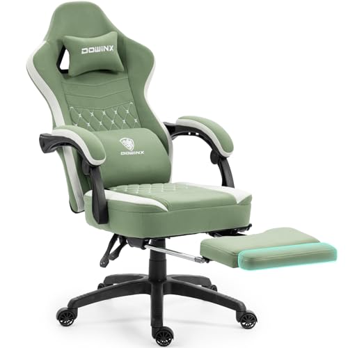 Dowinx Silla de gaming de tela con reposapiés extensible y plegable, silla de oficina ergonómica con cojín de gel y cojín de muelles ensacados, masaje, sillón gamer para adultos, color verde
