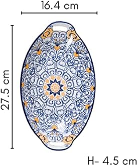 Nestasia Dark Blue Mandala Ceramic Long Dish with Handles for Serving Snacks, Appetizers, Salads, and Noodles| Microwave Safe, Dishwasher Safe (10.8 Inch)