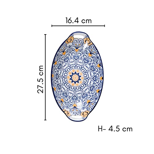 Nestasia Dark Blue Mandala Ceramic Long Dish with Handles for Serving Snacks, Appetizers, Salads, and Noodles| Microwave Safe, Dishwasher Safe (10.8 Inch)