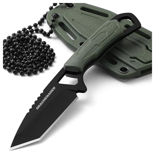 DRACHENADER Neck knife klein tanto mini Neck Knife Messer Outdoor Messer feststehendes mit ABS Kunststoffscheide, Schwarze Klinge + Grüner Griff