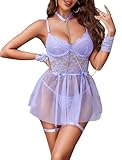 Avidlove Lencería para mujer, babydoll de encaje con aros, con liga y cadena, ropa de dormir sexy, Púrpura claro, M