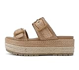 Soda “Funny” ~ Women Round Toe Double Buckle Strap Slip-On Platform Wedge Sandal (Dark Tan Raffia, us_footwear_size_system, adult, women, medium, 7.5)