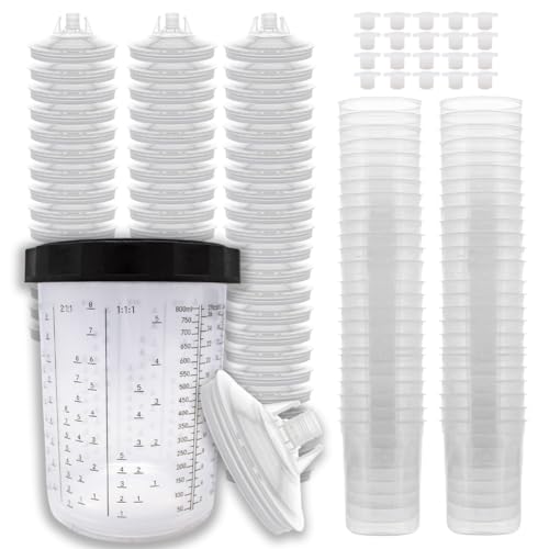 Image of LAUCO Disposable Spray Gun Paint Cups Kit - 50 Pack Liners & Lids with 125 Micron Strainer, Hard Cup, Retainer Ring & Plugs (800ml / 27oz)