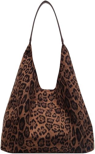 Leopard Print Tote Bag, Vintage Hobo Purse, Work Tote with Interior Pockets, Spacious Women's Handbag for Office Commute, Travel, Shopping, Daily Use, Large Capacity (Brown/Black, 36x32cm)