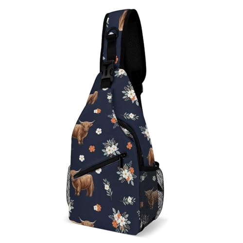 Multipurpose Shoulder Sling Floral Cattle Highland Cow Women Men Unisex, Durable Polyester Daypack Gym Running Shopping Daily Use