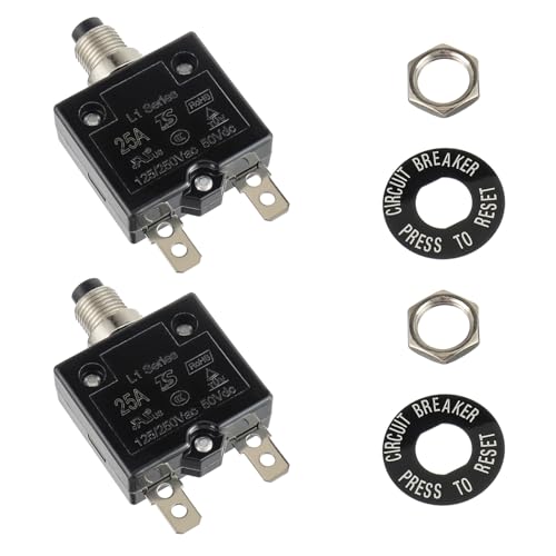 HUWREW 25 Amp Push Button Circuit Breaker 125-250V AC 50V DC L1 Series Manual Reset Thermal Circuit Breaker 25A Thermal Overload Protector (Pack of 2)