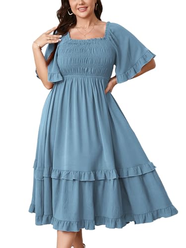 Image of SCOMCHIC Women's Plus Size Maxi Dresses Summer Short Sleeve Square Neck Smocked Wedding Guest Cocktail Boho Long Dress
