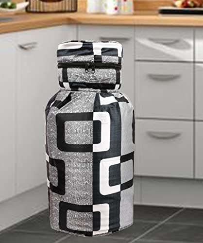 Image of Polyester 3-Layered LPG Gas Cylinder Cover with Zip Enclosure (Color-Geometric Black, Size-26x14 Inches)