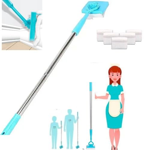 Baseboard Cleaner Tool with Handle 5 Reusable Cloths. Use for Bathroom, Kitchen and The Whole House! for Cleaning skirting Boards with Napkins and Long Handles. Retractable Microfiber Cleaning Handle