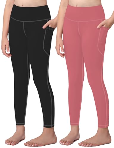 MIRITY Girls Leggings for Kids Active Sports Pants with 2 Pockets Yoga Workout 2 Pack Black/Pink