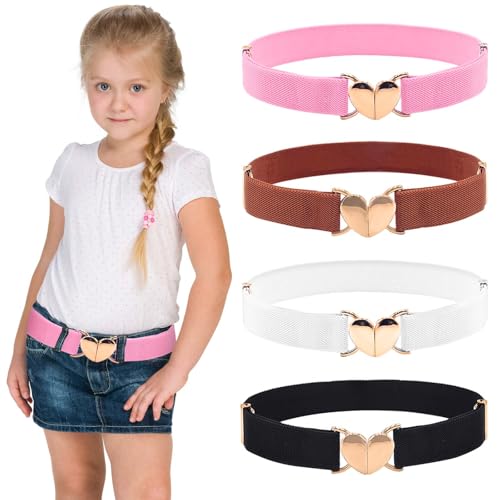 LUNINGLA 4 Pcs Kids Girls Belts, Adjustable Elastic Toddler Belt with Heart Shape Buckle, Kids Heart Belt for Boys Girls