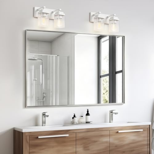 Image of White Bathroom Light Fixtures, 2 Lights Bathroom Lighting Fixtures Over Mirror, Square Design & Rectangle Large Backplate, Modern Vanity Lighting Fixtures, for Bathroom /Living Room /Bedroom