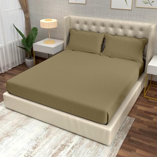 Image of Divine Casa 100% Cotton King Size Bedsheet Italian Stripe 210 TC | Soft Breathable Wrinkle Resistant Bed Sheet with 2 Pillow Covers | Luxury Bedding for Bedroom | 275 x 275 cm (Taupe, Striped)