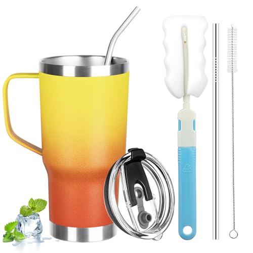 Image of 20 oz Tumbler with Handle, Stainless Steel Insulated Tumbler with Lid and Straw, Double Wall Vacuum Coffee Mug Tumbler, Insulated Coffee Thermal Cup for Cold and Hot (Yellow Orange, 20 Ounces)