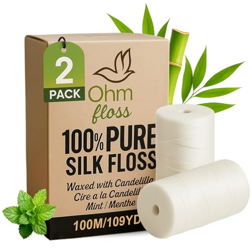 Ohm Earth’s Ohm Floss Refill – Natural Silk Dental Floss for Refillable Bamboo/Steel Holder, Candelilla Wax, 100% Compostable, Eco Oral Care, 109 yds/100m (2-Pack) Natural Mint